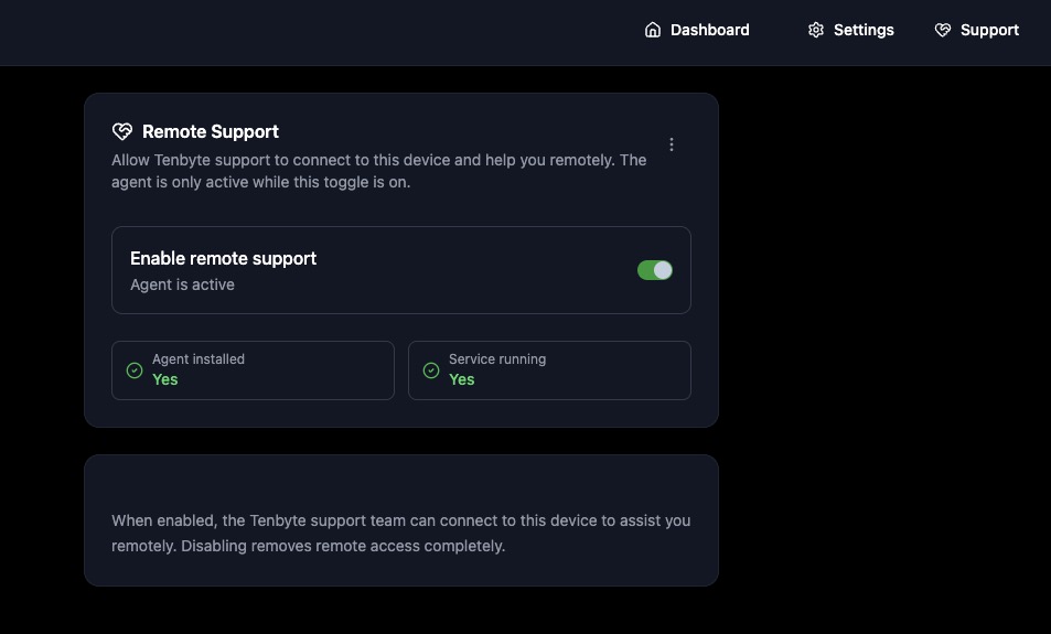Remote support in Tenbyte Dashboard